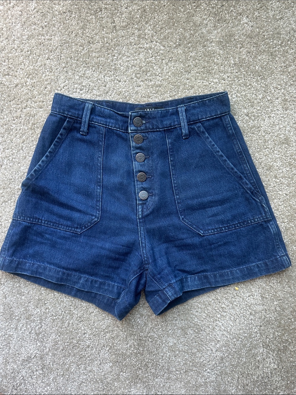 ABLE High-Rise Dark Blue Denim Shorts with Button Front